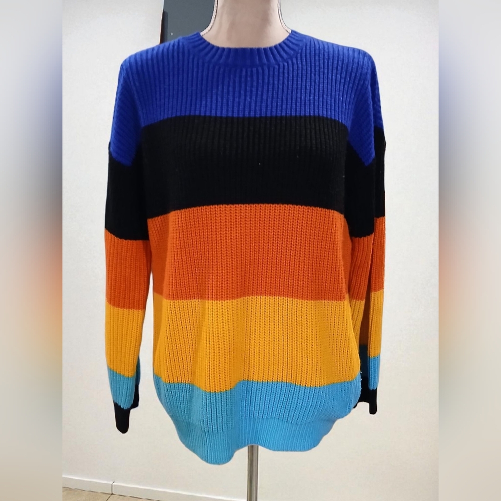 POL Colorful Colorblock Crew Neck Sweater Small Medium Bold Preppy Preppy